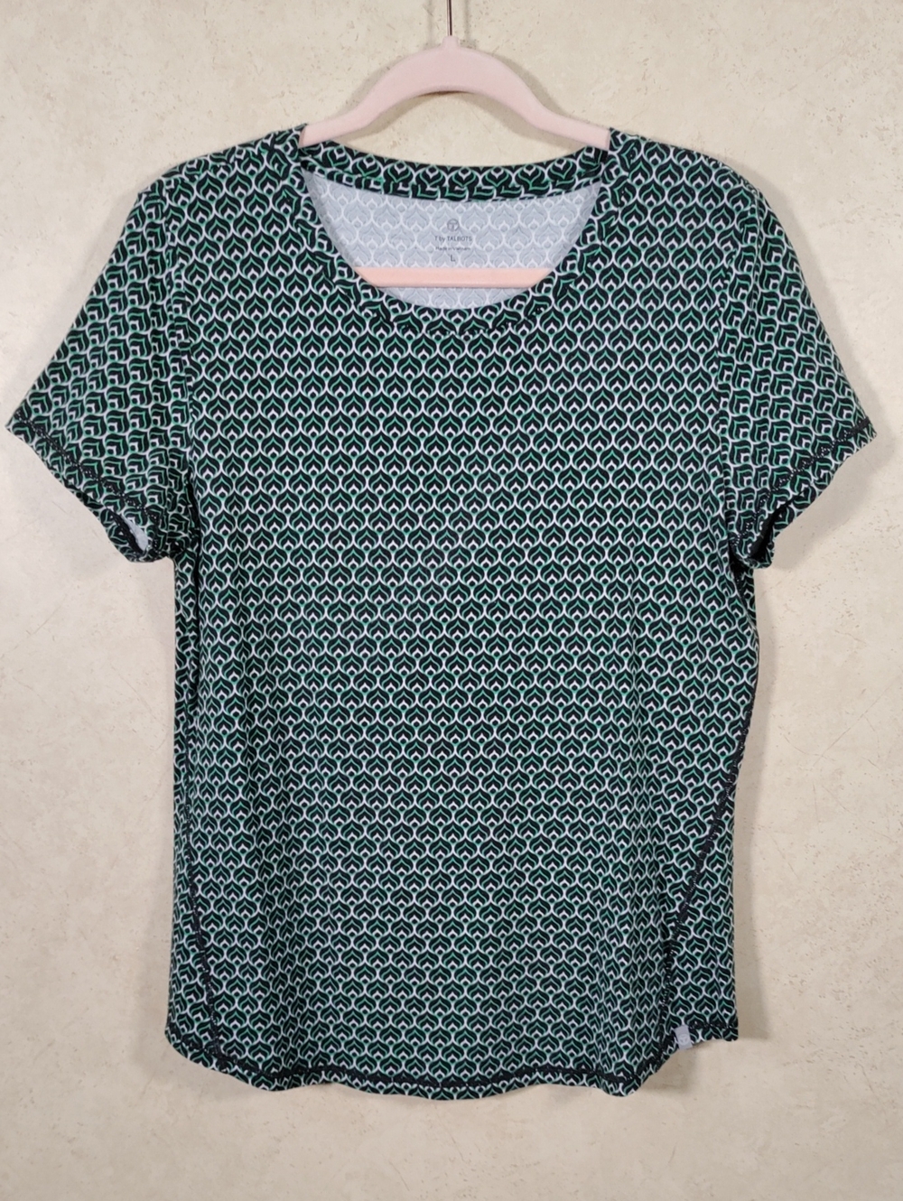 J182 T By Talbots Green & Black Geometric Short Sleeve Tee L NEW